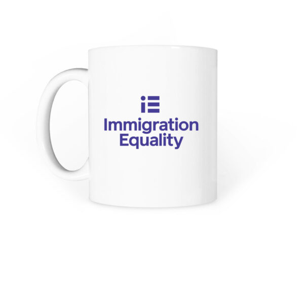 White coffee mug with "Immigration Equality" printed on the side